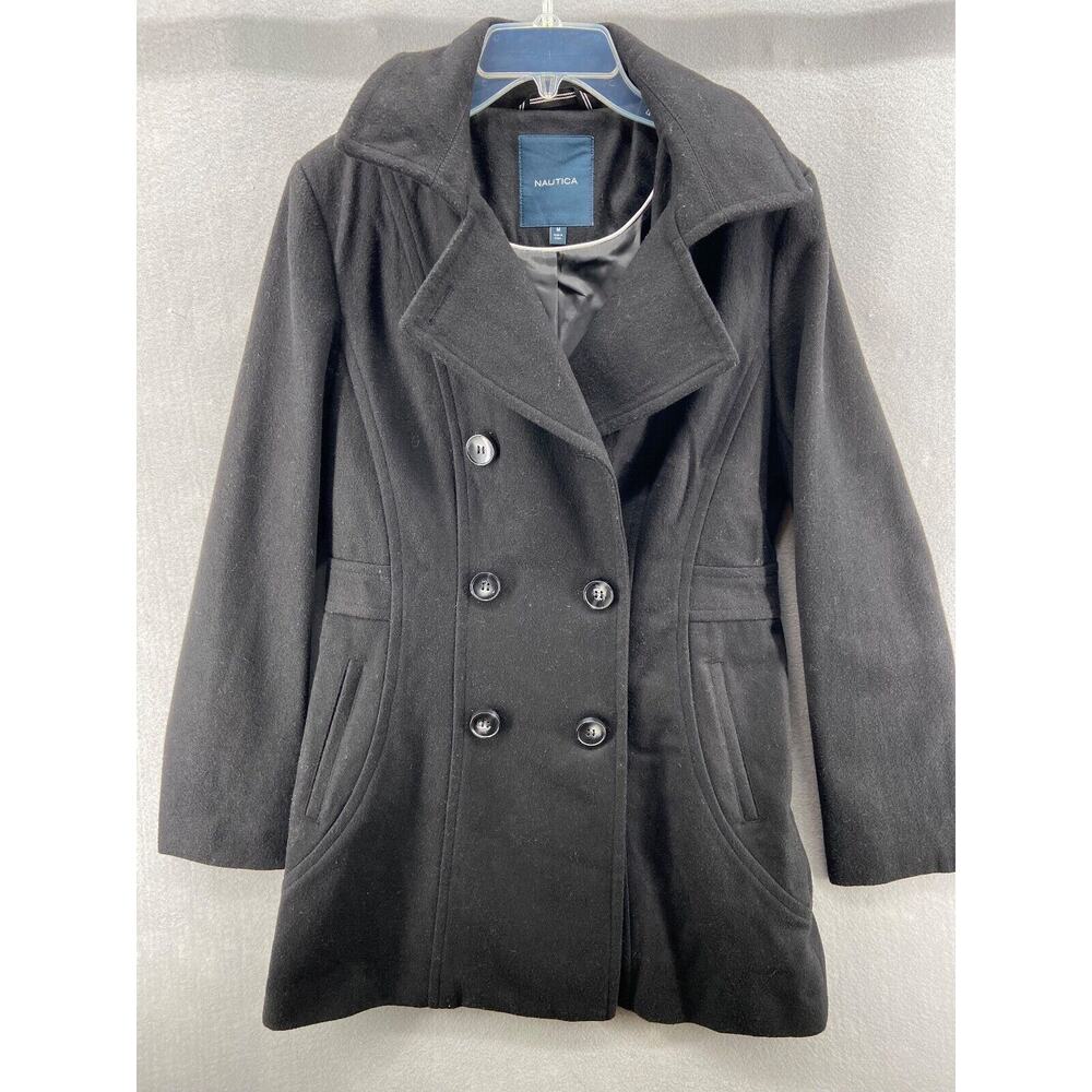 NAUTICA Coat Women's Medium Black Double Breasted Wool Blend Peacoat